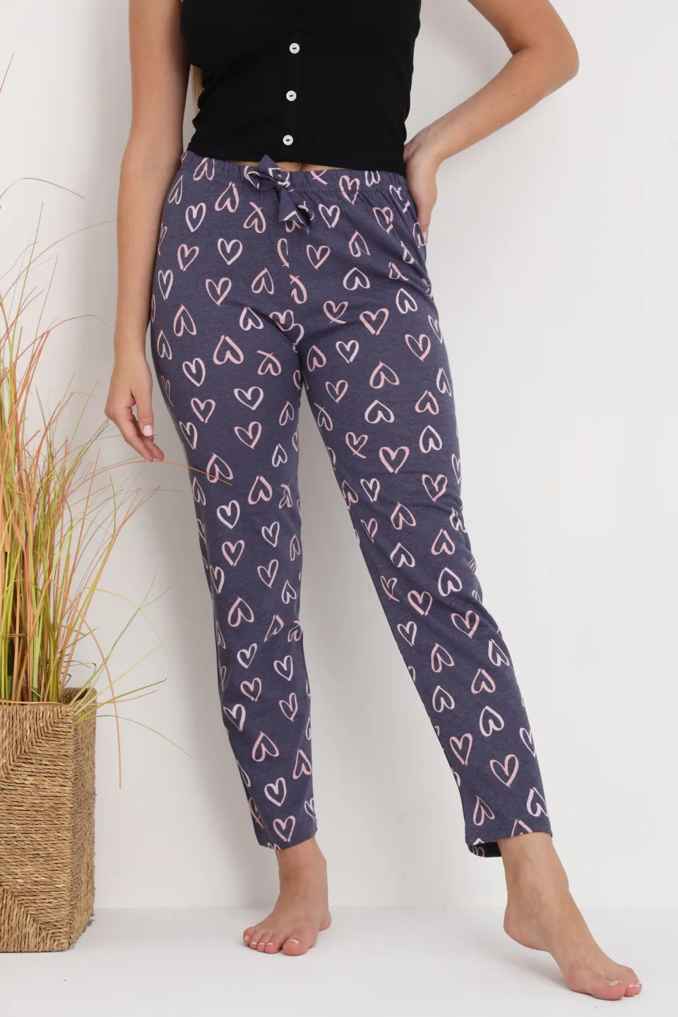 Pantaloni de pijama damă gri închis cu inimioare, croială lejeră, bumbac &amp; poliester - 3