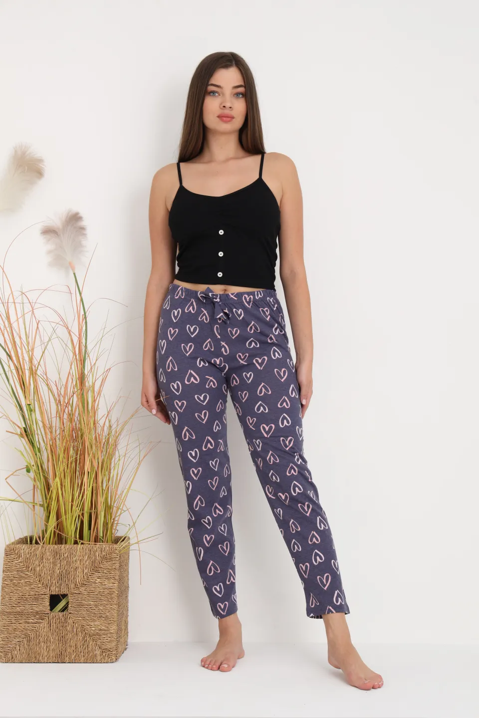 Pantaloni de pijama damă gri închis cu inimioare, croială lejeră, bumbac &amp; poliester - 4