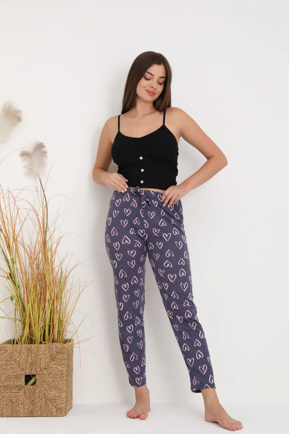 Pantaloni de pijama damă gri închis cu inimioare, croială lejeră, bumbac &amp; poliester - 7