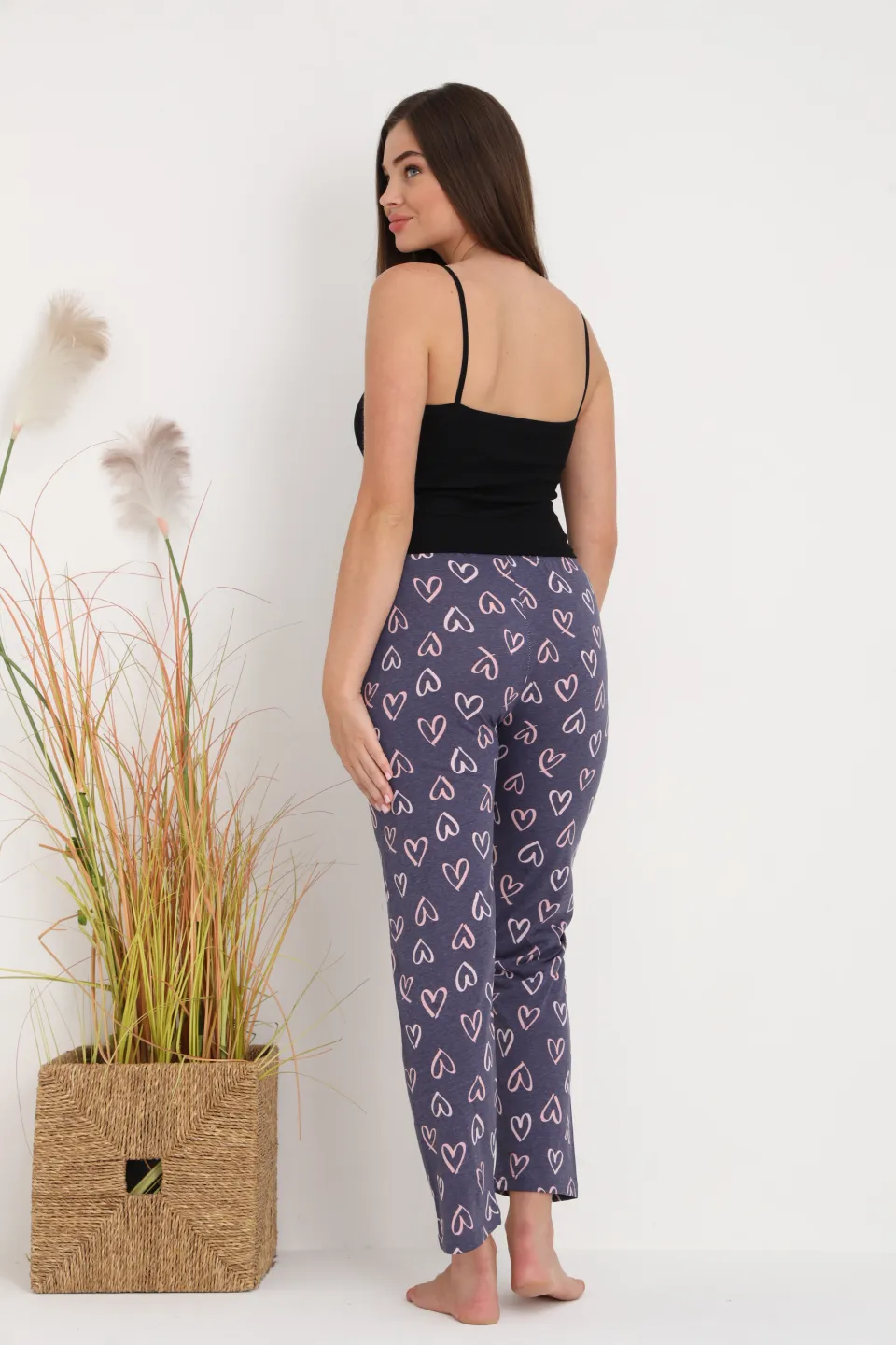 Pantaloni de pijama damă gri închis cu inimioare, croială lejeră, bumbac &amp; poliester - 8