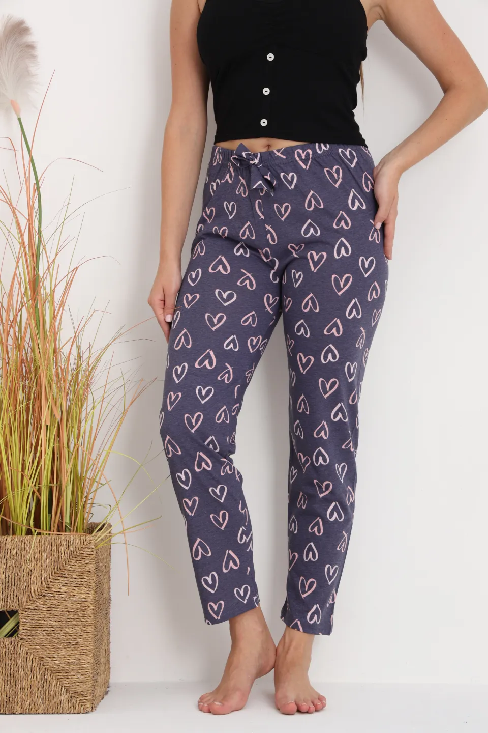 Pantaloni de pijama damă gri închis cu inimioare, croială lejeră, bumbac &amp; poliester - 1