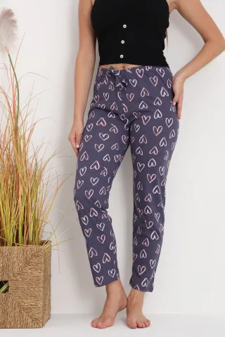 Pantaloni de pijama damă gri închis cu inimioare, croială lejeră, bumbac &amp; poliester