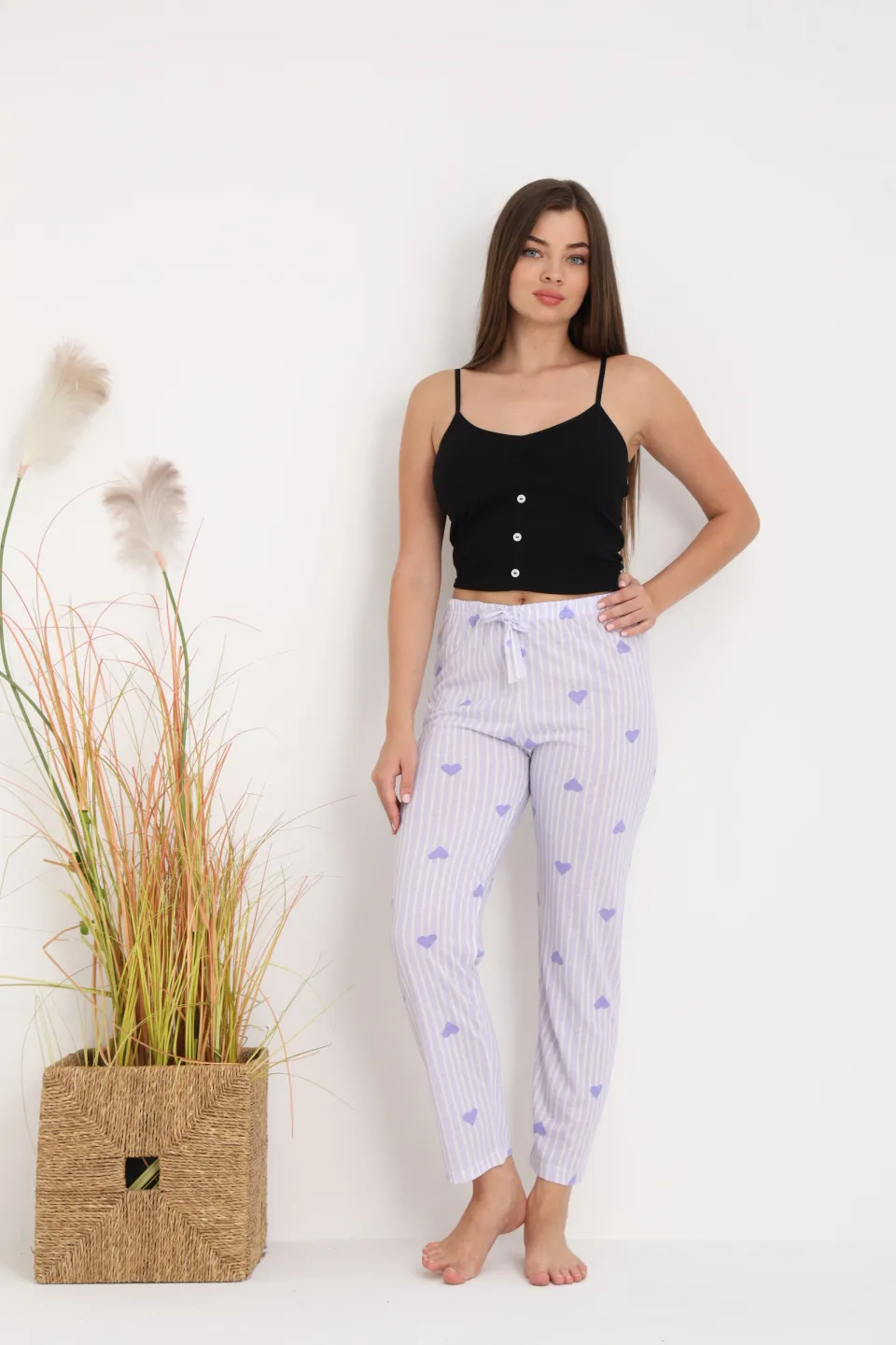 Pantaloni de pijama damă mov cu dungi și inimioare, croială lejeră, bumbac &amp; poliester - 5