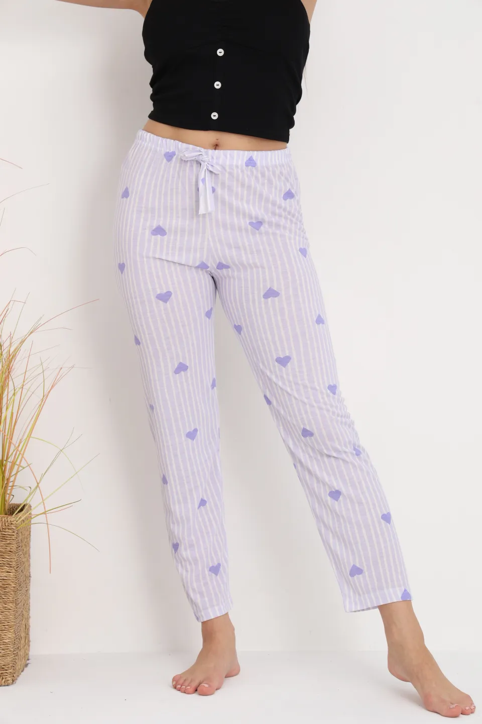 Pantaloni de pijama damă mov cu dungi și inimioare, croială lejeră, bumbac &amp; poliester - 2