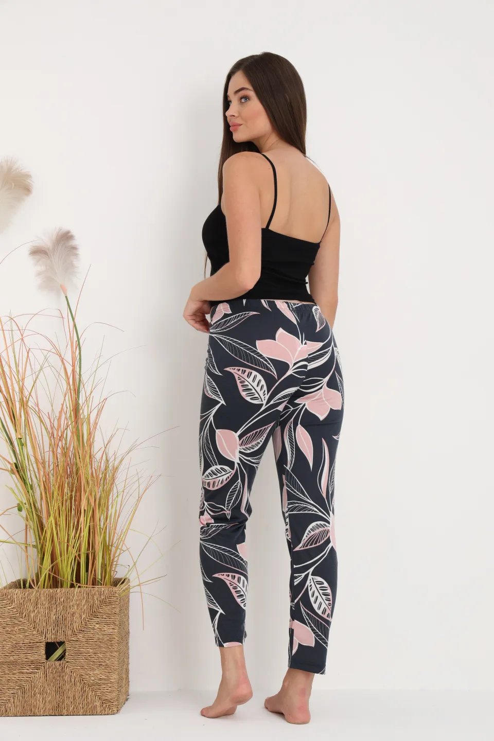 Pantaloni de pijama damă negri cu flori roz, croială lejeră, bumbac &amp; poliester - 8