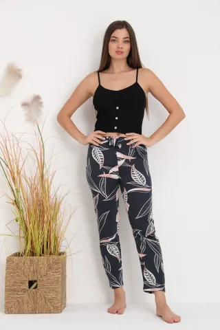 Pantaloni de pijama damă negri cu flori roz, croială lejeră, bumbac &amp; poliester hover