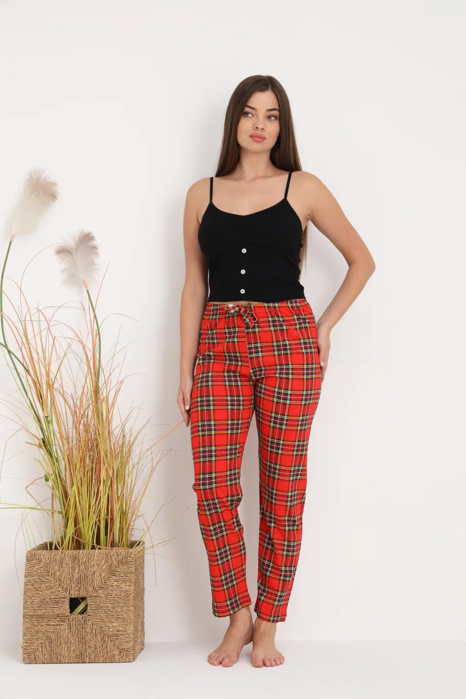 Pantaloni de pijama damă roșii cu carouri, croială lejeră, bumbac &amp; poliester - 5