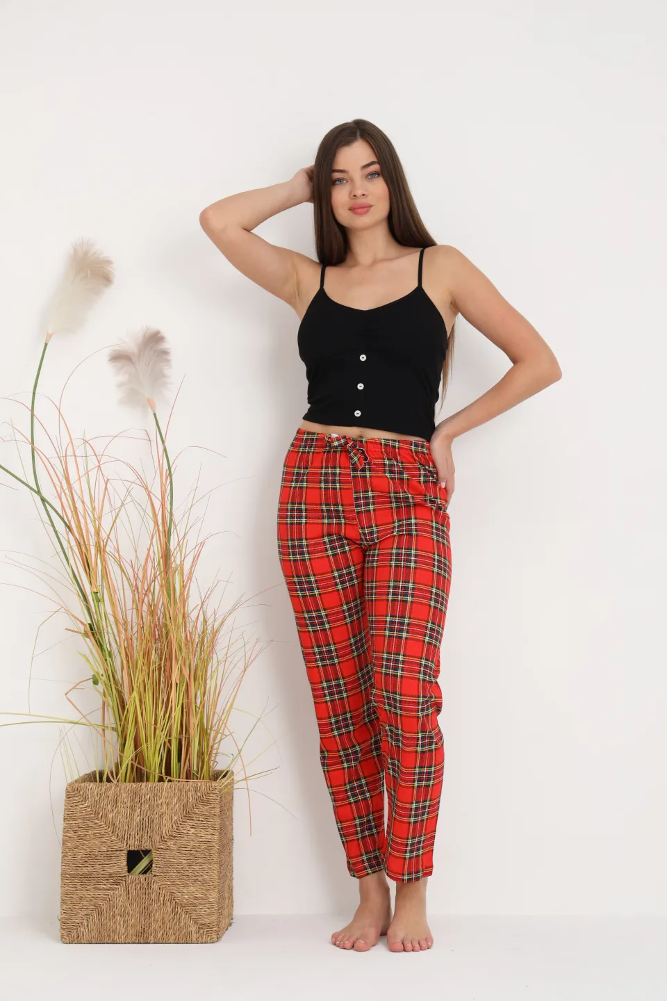 Pantaloni de pijama damă roșii cu carouri, croială lejeră, bumbac &amp; poliester - 4