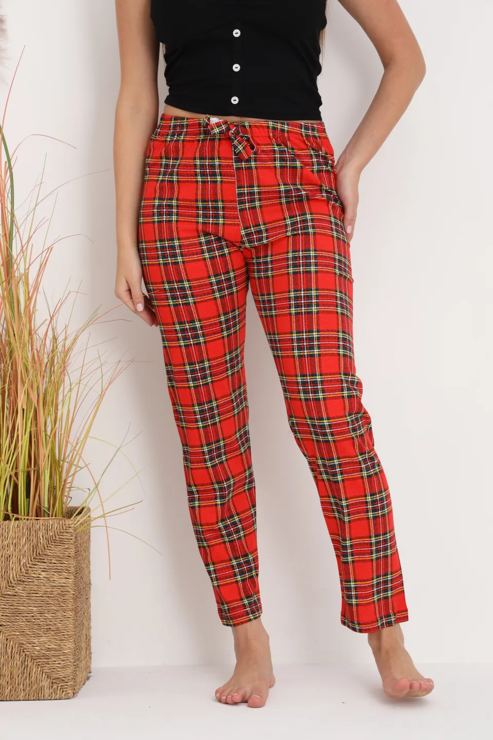 Pantaloni de pijama damă roșii cu carouri, croială lejeră, bumbac &amp; poliester - 2