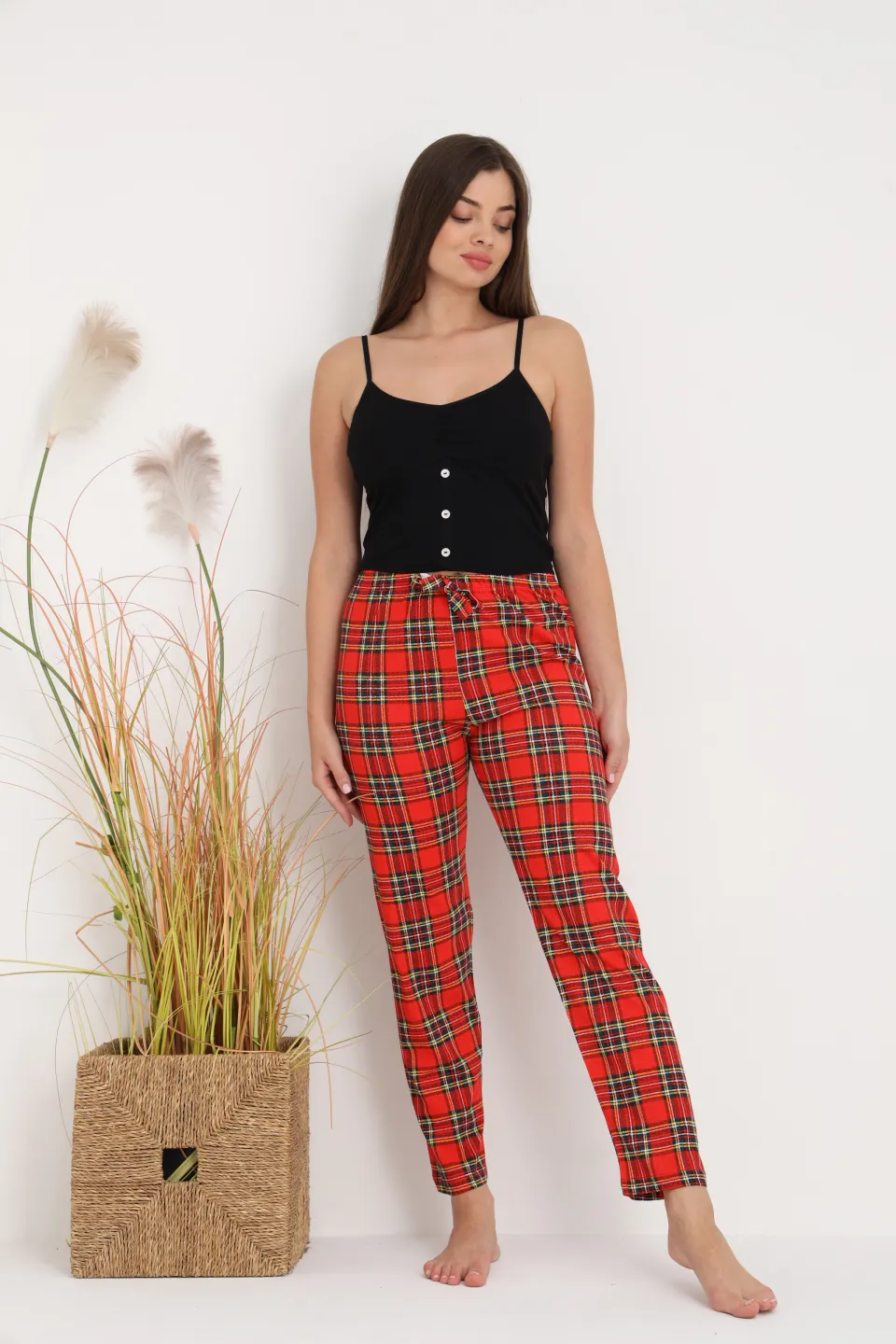 Pantaloni de pijama damă roșii cu carouri, croială lejeră, bumbac &amp; poliester - 7