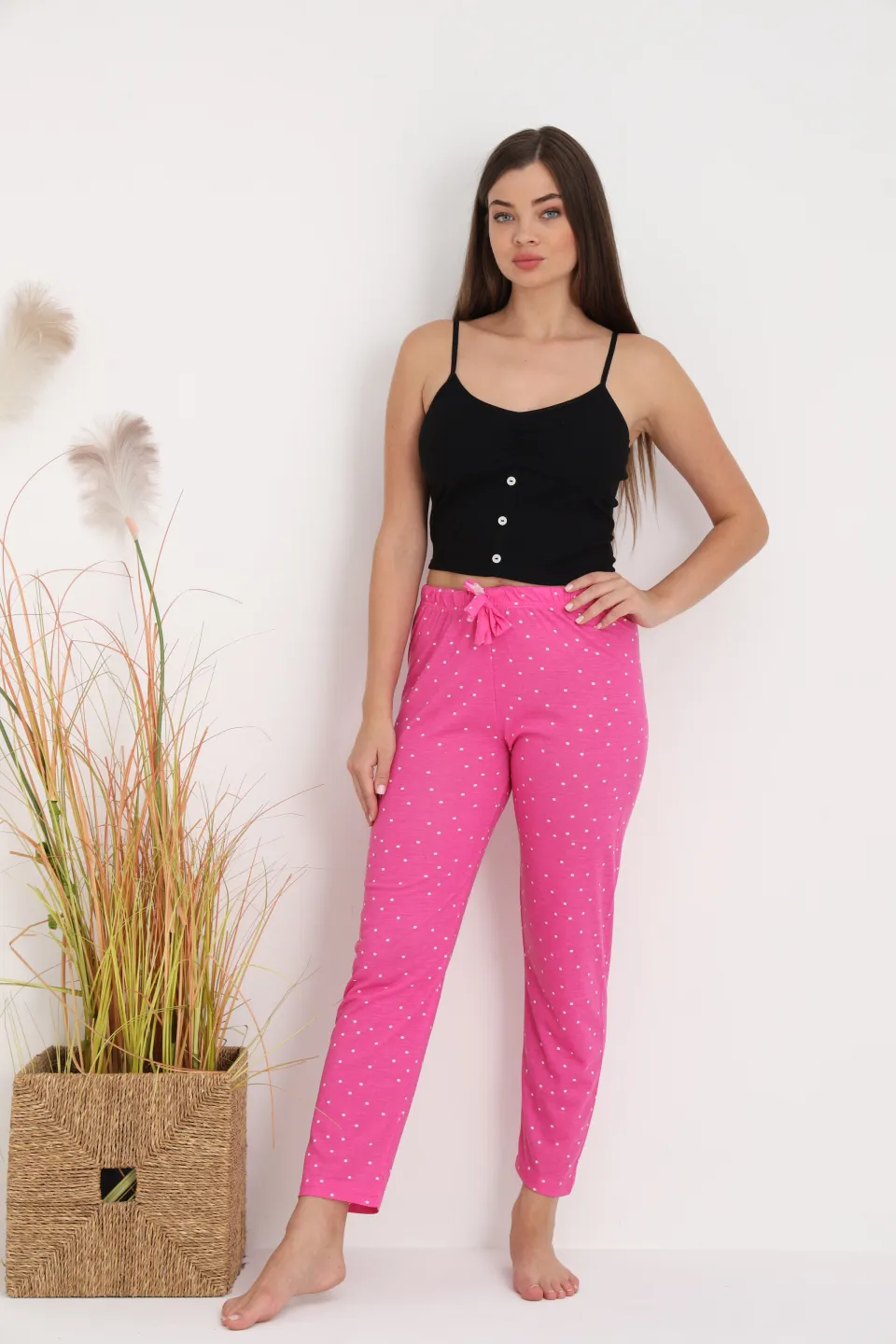 Pantaloni de pijama damă roz cu puncte albe, croială lejeră, bumbac &amp; poliester - 4