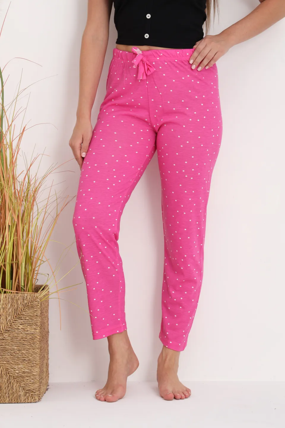 Pantaloni de pijama damă roz cu puncte albe, croială lejeră, bumbac &amp; poliester - 2