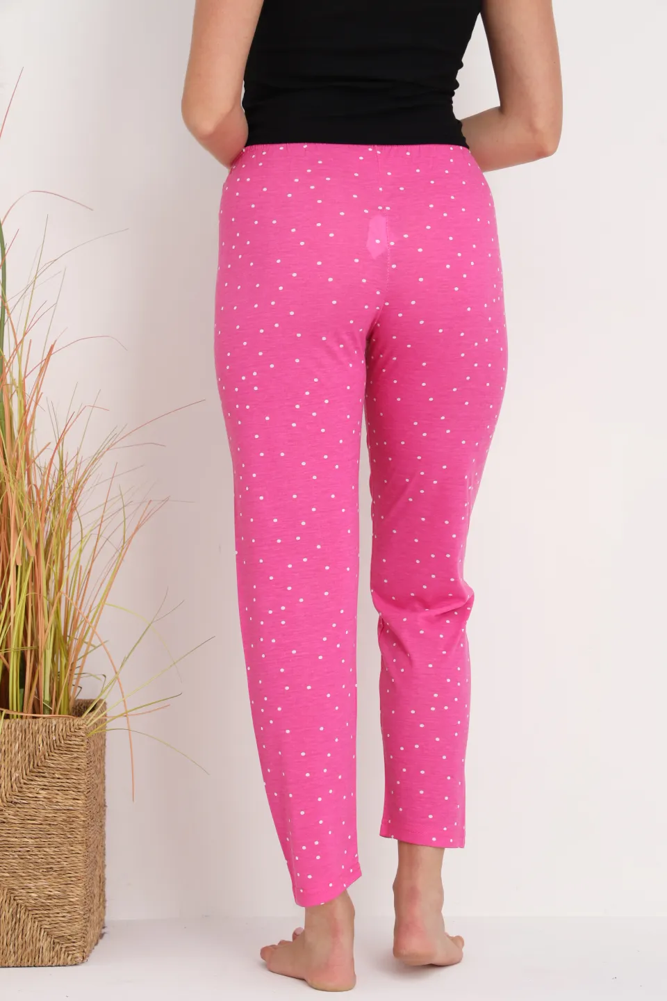 Pantaloni de pijama damă roz cu puncte albe, croială lejeră, bumbac &amp; poliester - 5