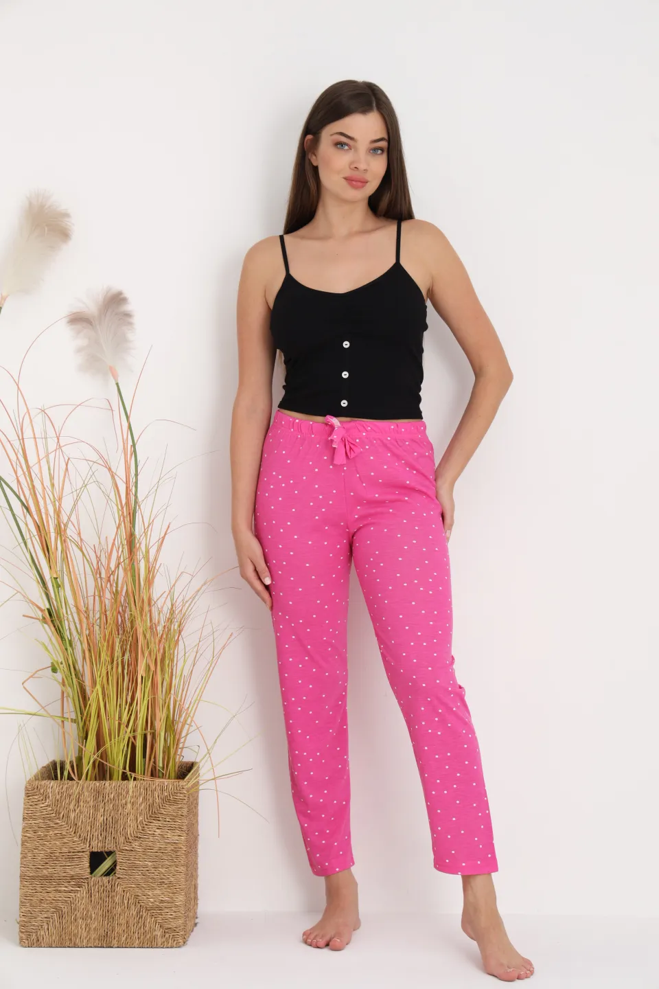 Pantaloni de pijama damă roz cu puncte albe, croială lejeră, bumbac &amp; poliester - 3