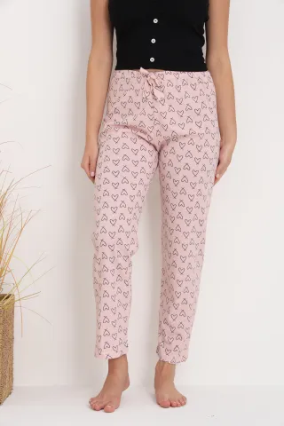 Pantaloni de pijama damă roz piersică cu inimioare, croială lejeră, bumbac &amp; poliester
