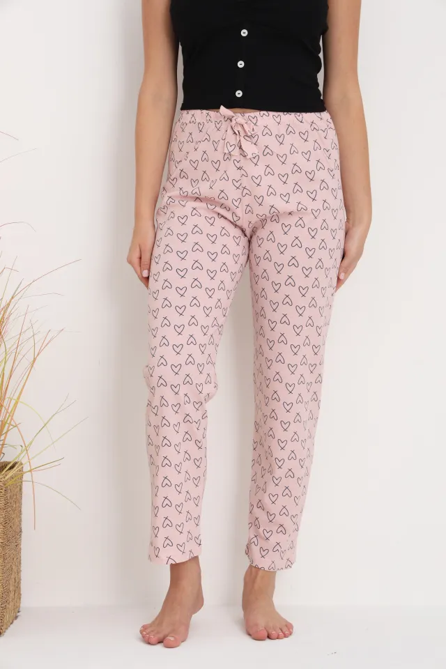 Pantaloni de pijama damă roz piersică cu inimioare, croială lejeră, bumbac &amp; poliester