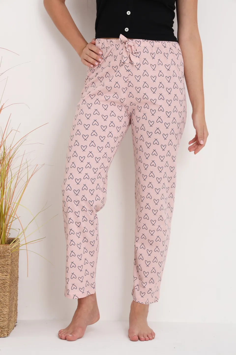 Pantaloni de pijama damă roz piersică cu inimioare, croială lejeră, bumbac &amp; poliester - 3
