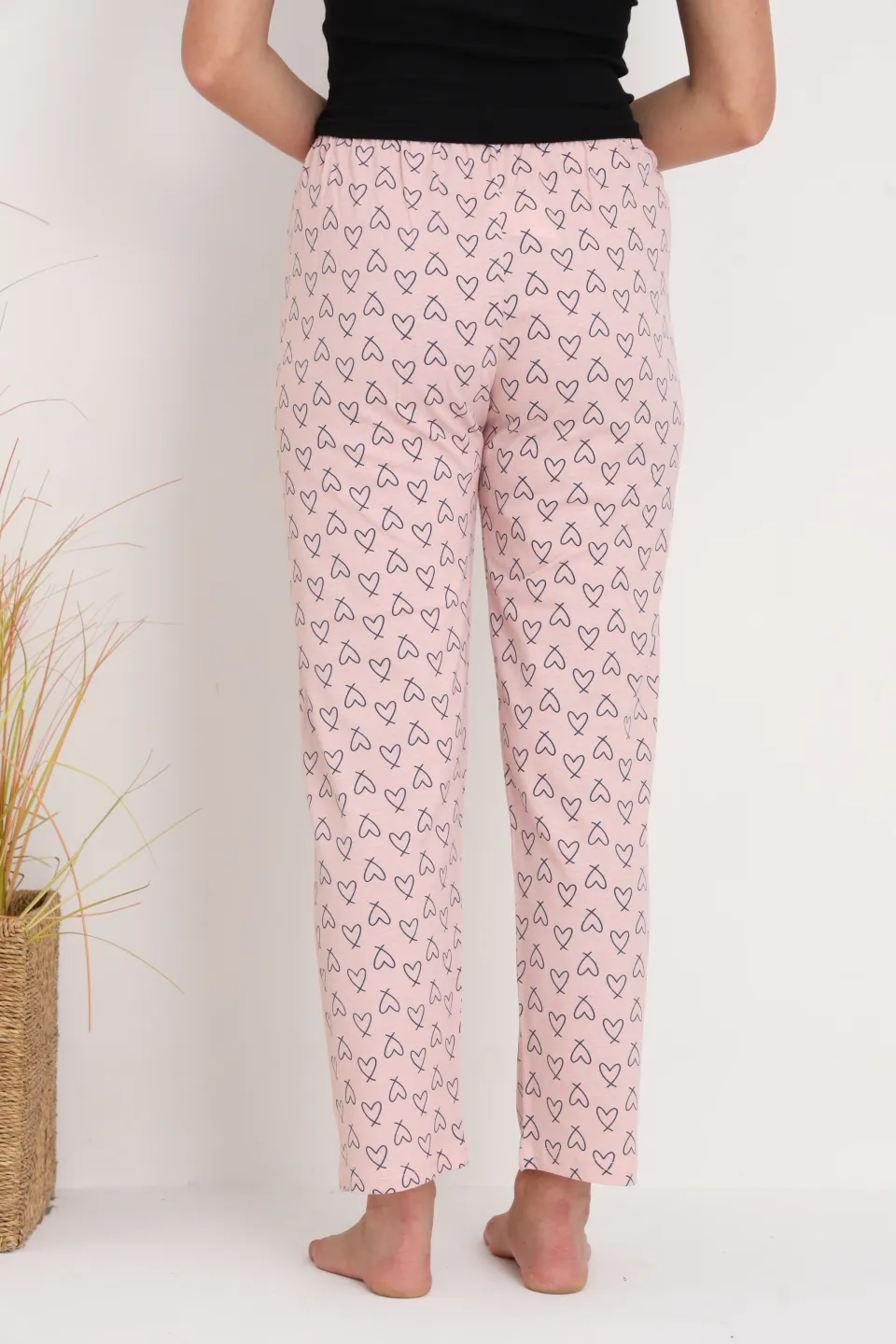 Pantaloni de pijama damă roz piersică cu inimioare, croială lejeră, bumbac &amp; poliester - 4