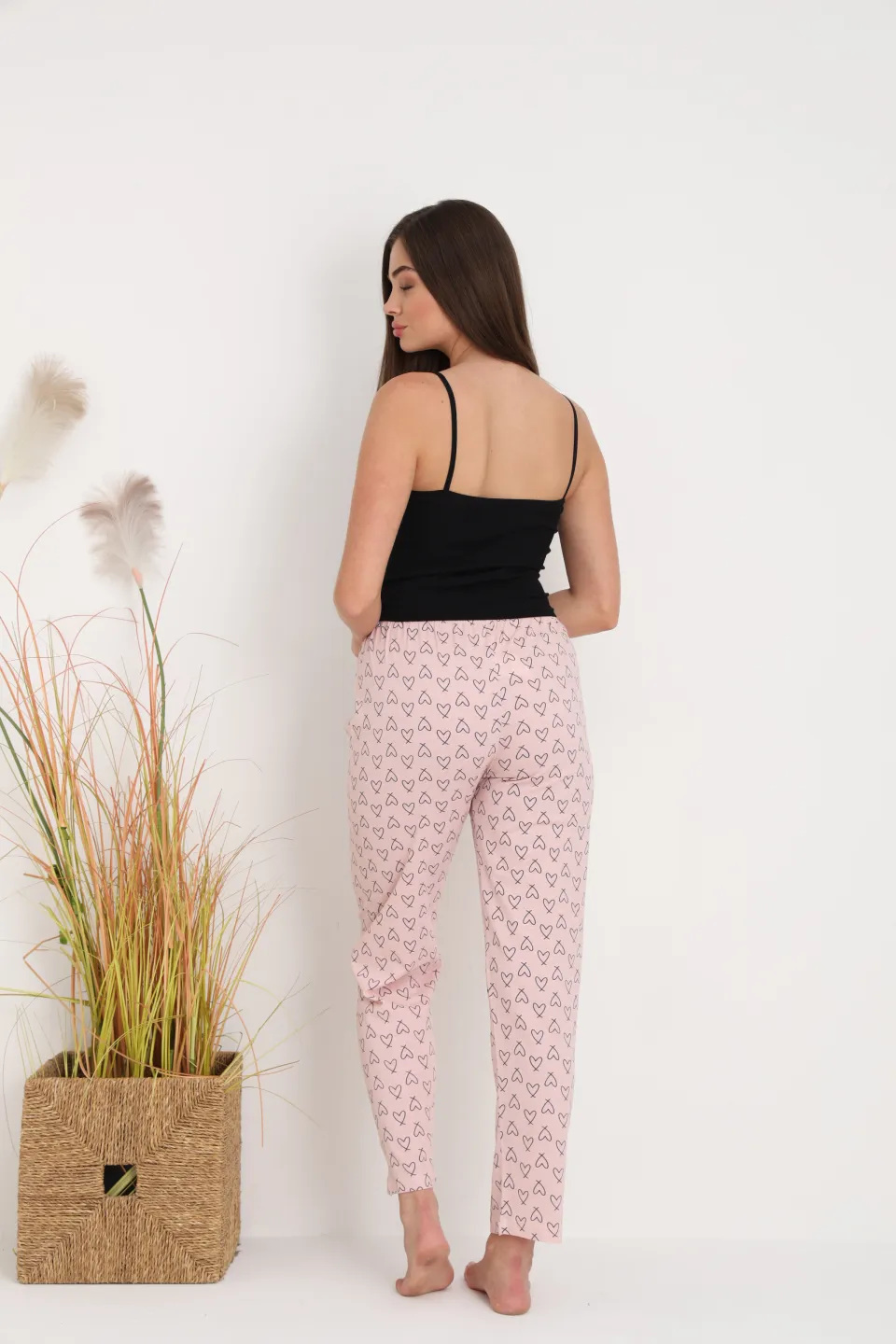 Pantaloni de pijama damă roz piersică cu inimioare, croială lejeră, bumbac &amp; poliester - 5