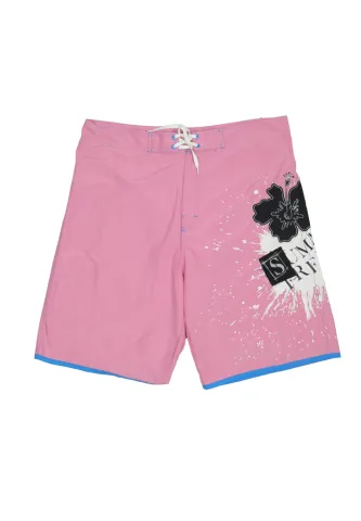 Pantaloni de plajă bărbați roz „Summer Free Time” cu imprimeu floral și detalii albastre