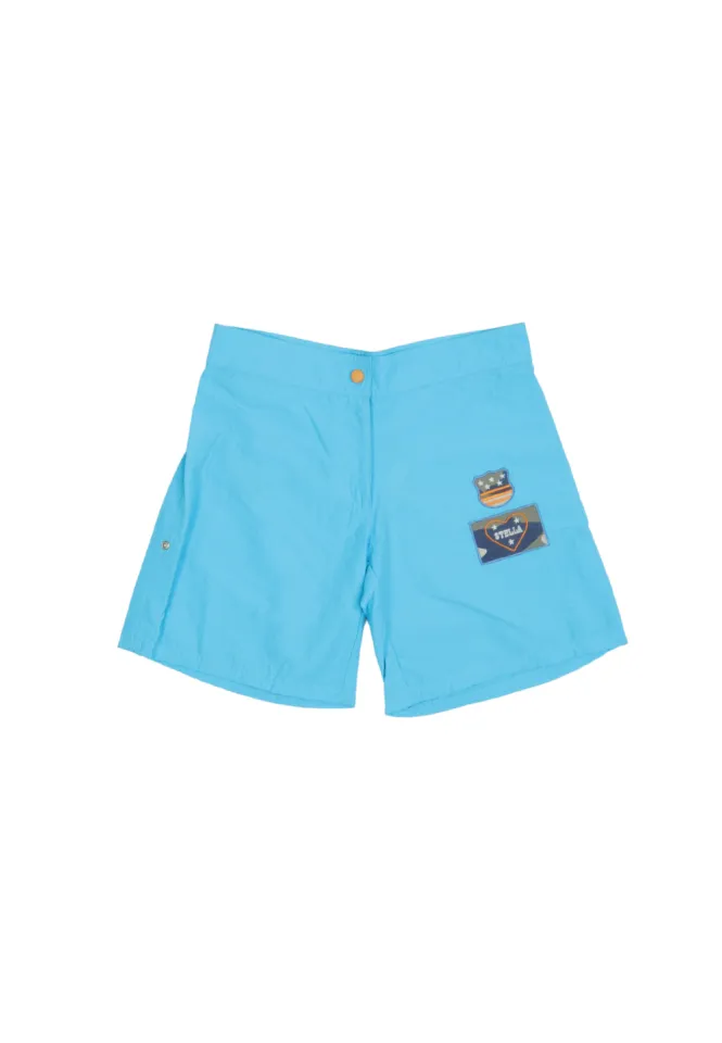 Pantaloni de plajă damă albastri cu imprimeu cusut și capse laterale