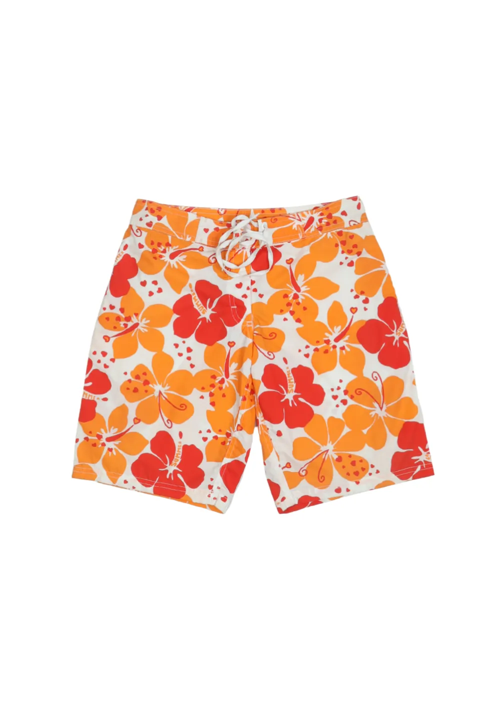 Pantaloni de plajă damă decorați cu flori portocalii și inimioare roșii - 1