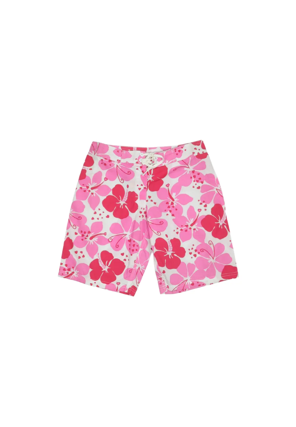 Pantaloni de plajă damă decorați cu flori roz și inimioare roșii - 1