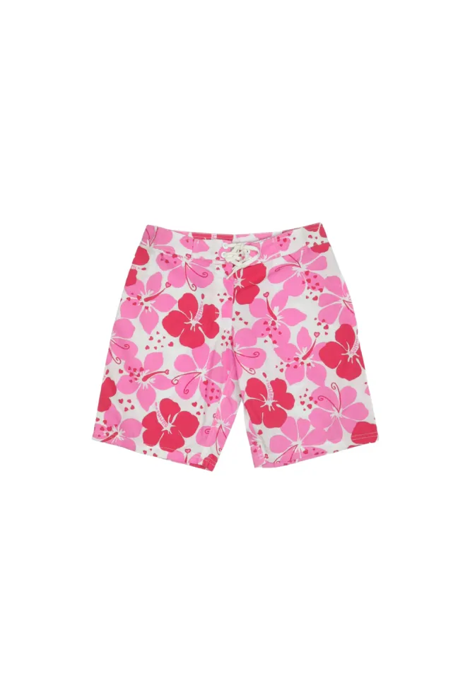 Pantaloni de plajă damă decorați cu flori roz și inimioare roșii