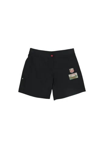 Pantaloni de plajă damă negri cu imprimeu cusut și capse laterale