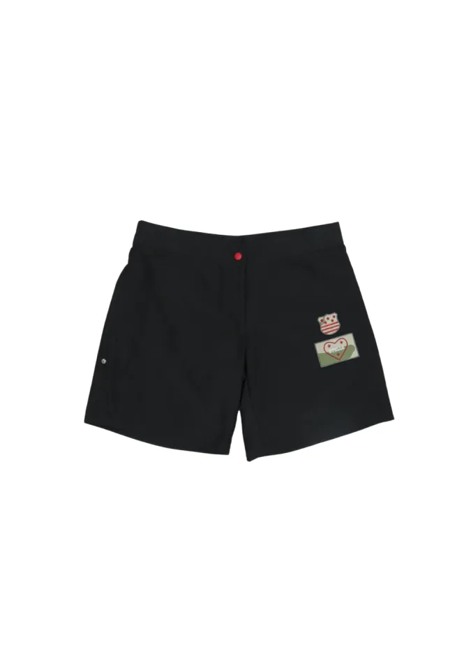 Pantaloni de plajă damă negri cu imprimeu cusut și capse laterale