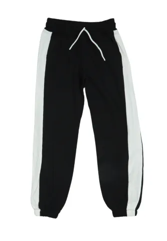 Pantaloni de trening damă negri cu dungi albe și șiret reglabil