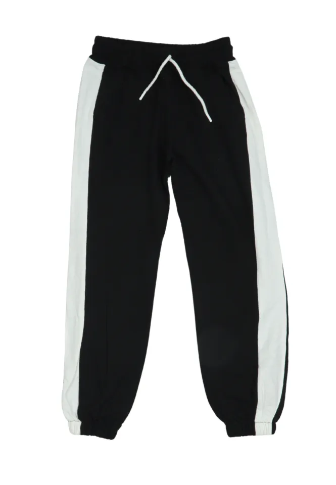 Pantaloni de trening damă negri cu dungi albe și șiret reglabil