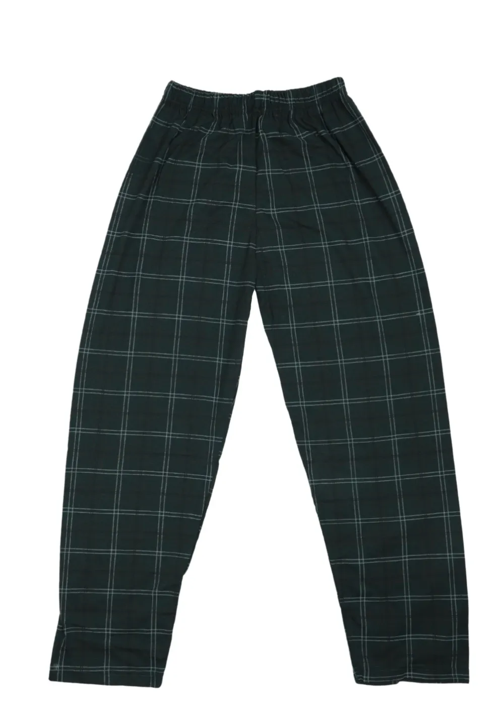 Pantaloni lungi de pijama bărbătești cu elastic în talie, culoare verde închis cu imprimeu  în carouri - 1