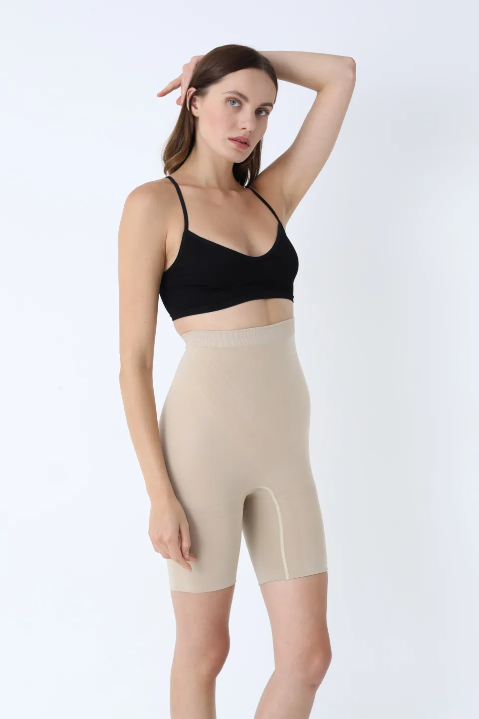 Pantaloni modelatori scurți cu talie înaltă – bej - 3