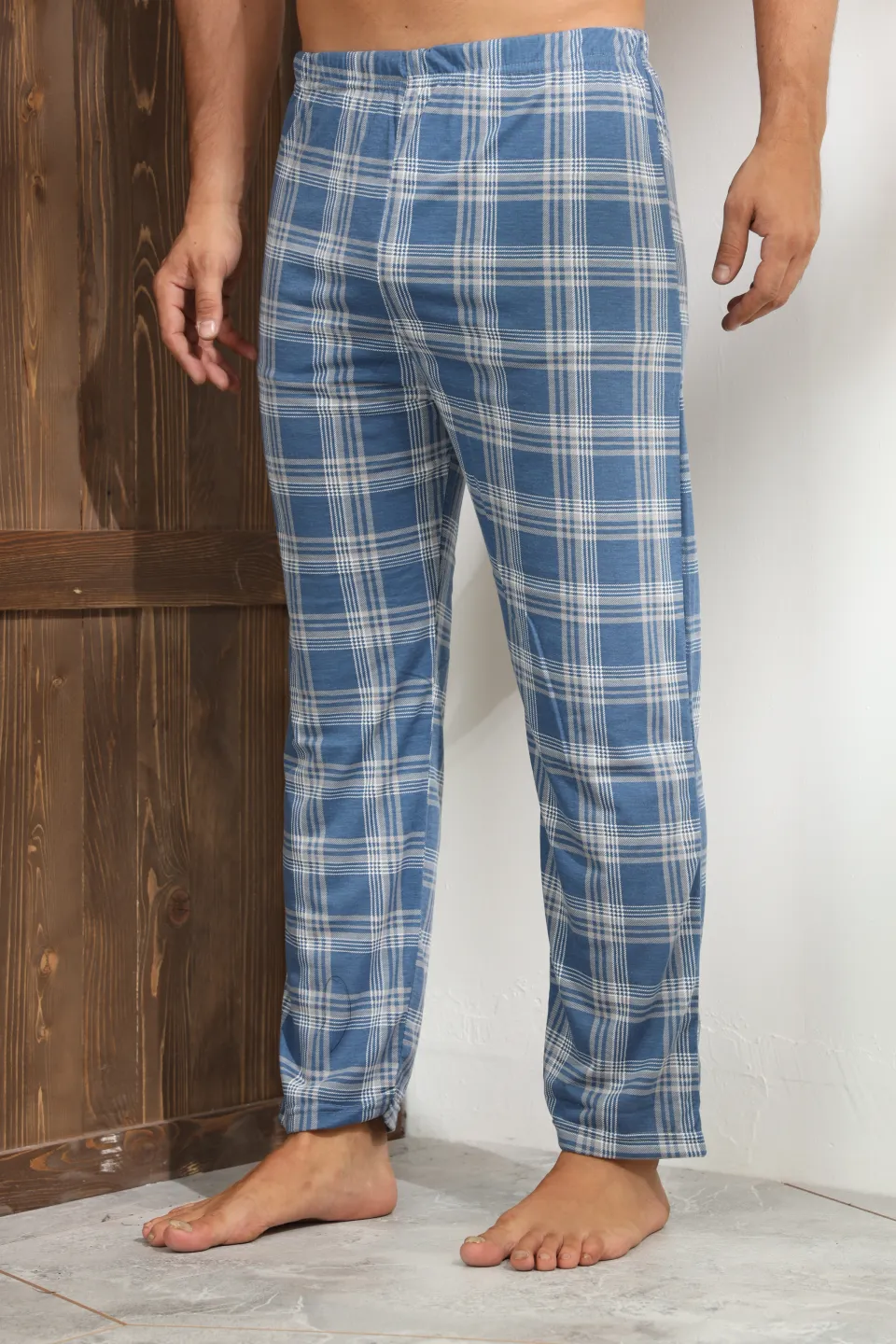 Pantaloni pijama bărbați albastri cu gri în carouri, croială lejeră-big size - 2