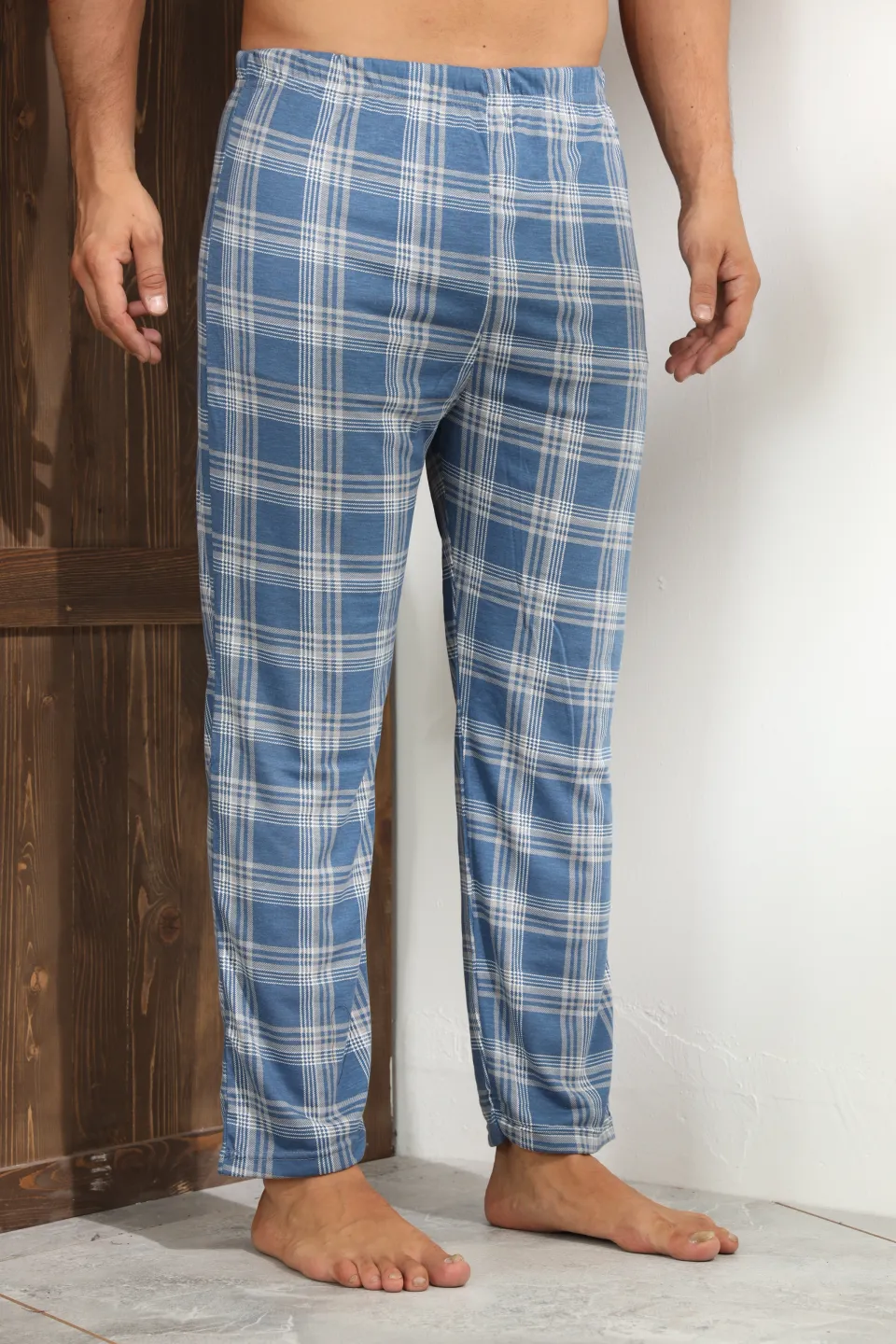 Pantaloni pijama bărbați albastri cu gri în carouri, croială lejeră-big size - 3