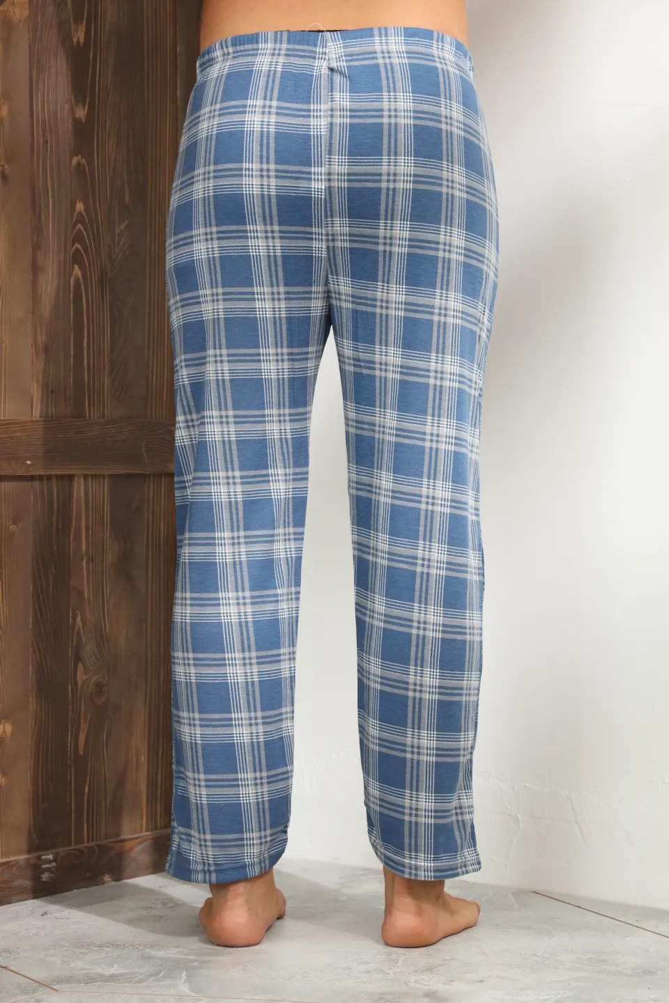 Pantaloni pijama bărbați albastri cu gri în carouri, croială lejeră-big size - 4