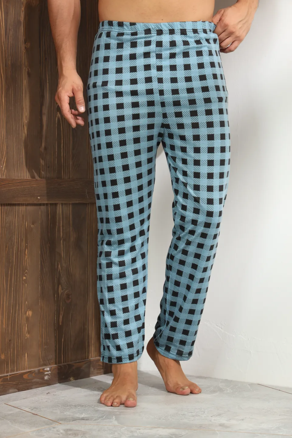 Pantaloni pijama bărbați, albaștri cu pătrățele negre, croială lejeră-big size - 3