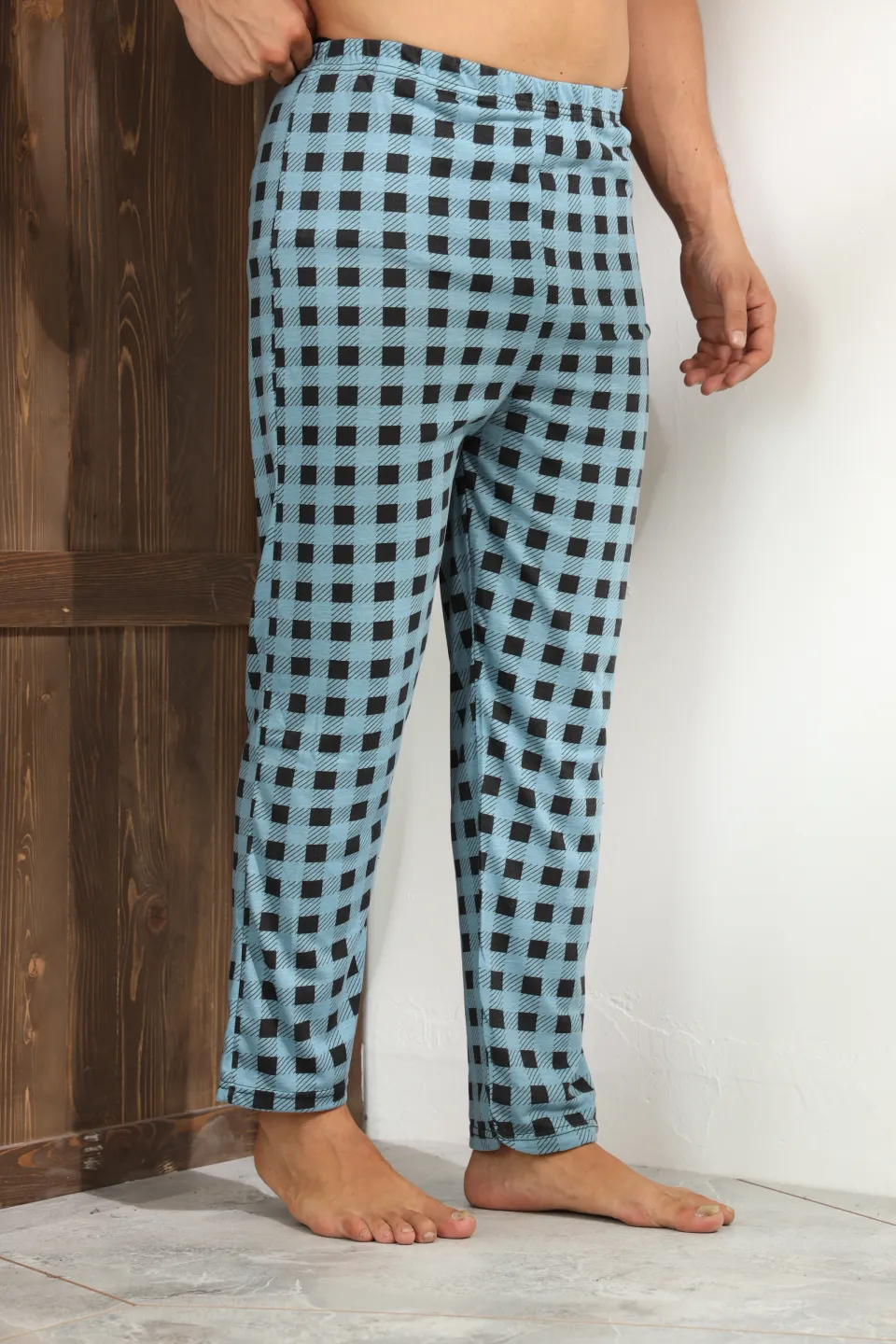 Pantaloni pijama bărbați, albaștri cu pătrățele negre, croială lejeră-big size - 1