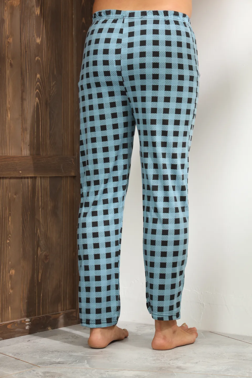 Pantaloni pijama bărbați, albaștri cu pătrățele negre, croială lejeră-big size - 5