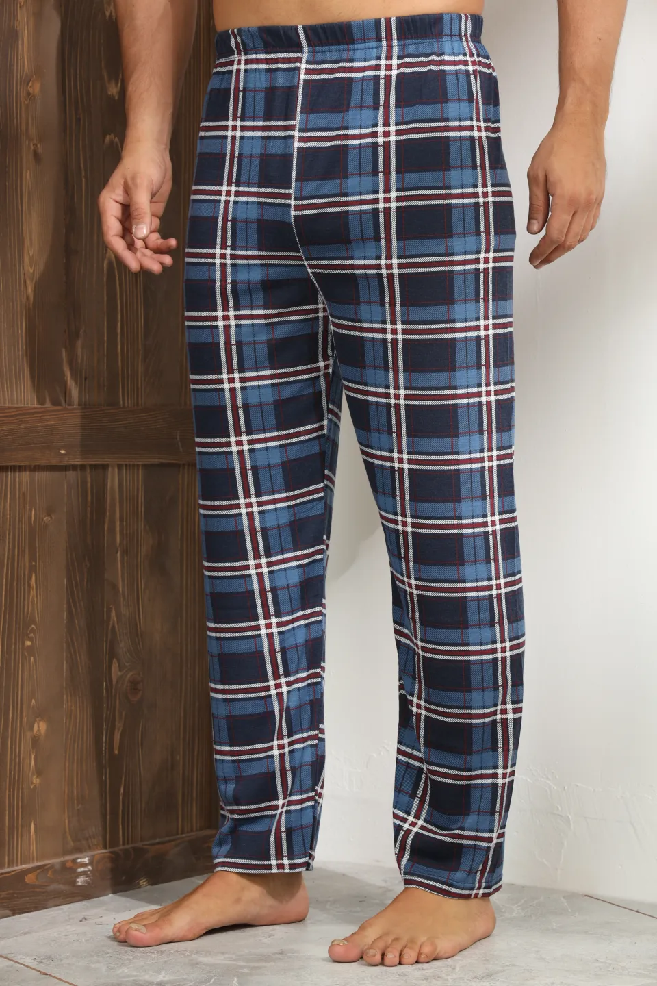 Pantaloni pijama bărbați albastru cu carouri roșii și albe, croială lejeră - 2