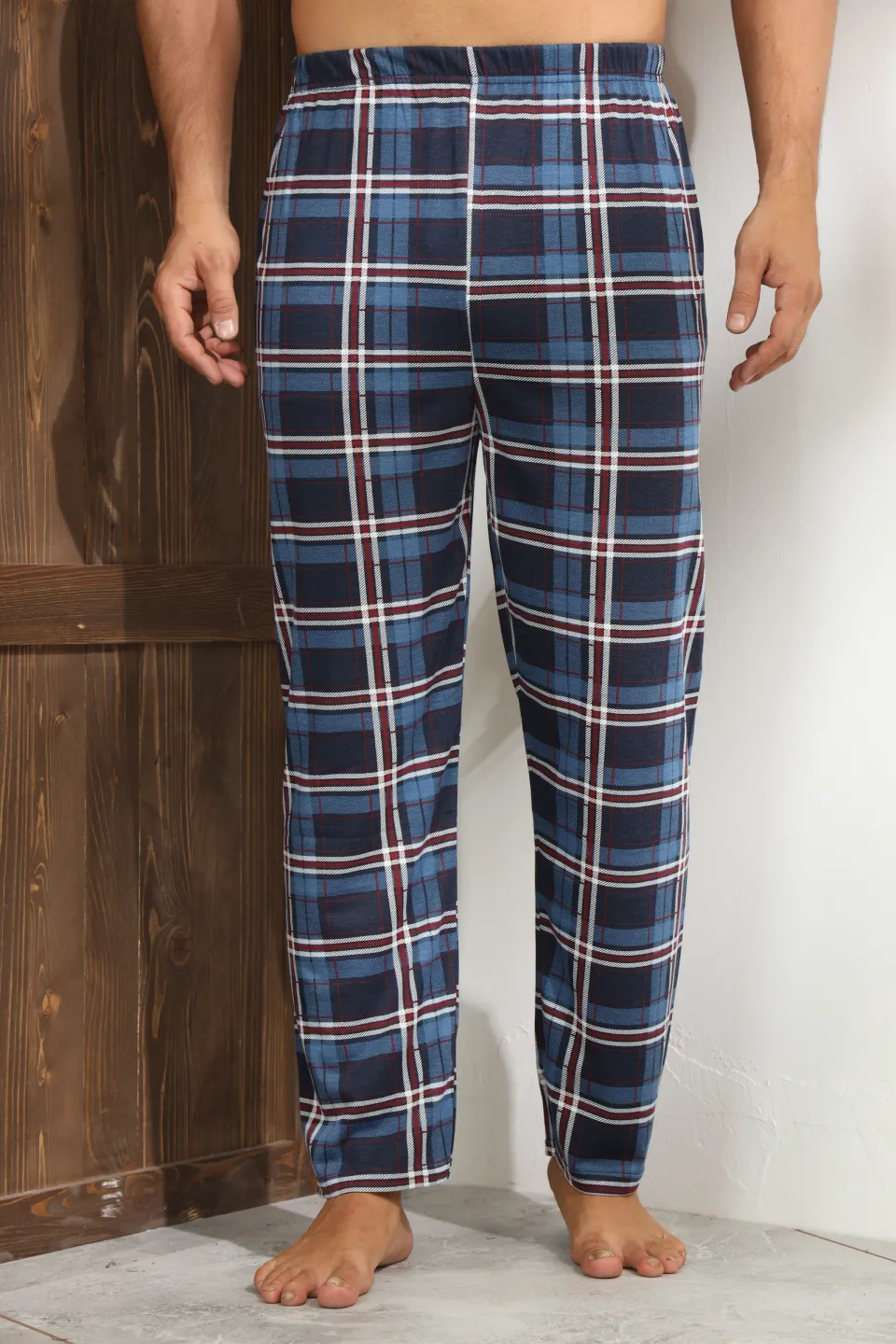 Pantaloni pijama bărbați albastru cu carouri roșii și albe, croială lejeră - 3