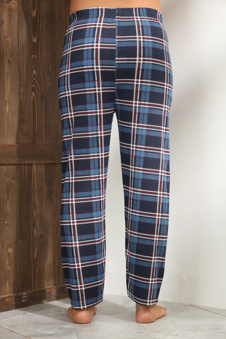 Pantaloni pijama bărbați albastru cu carouri roșii și albe, croială lejeră - 4