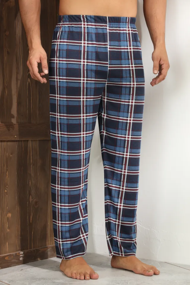 Pantaloni pijama bărbați albastru cu carouri roșii și albe, croială lejeră