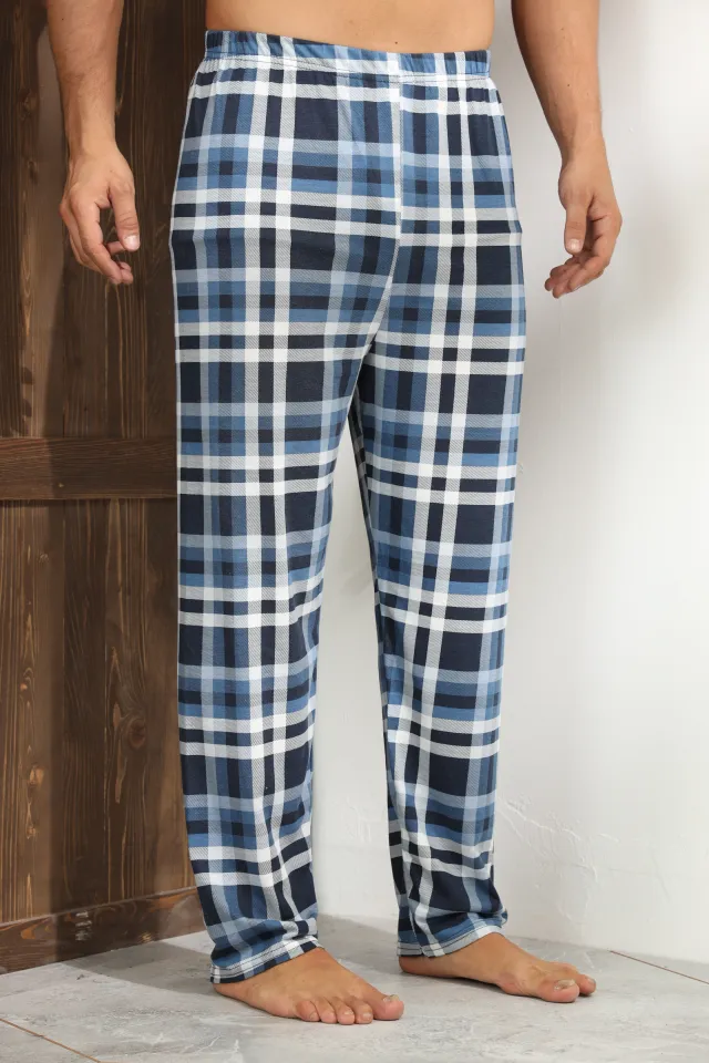 Pantaloni pijama bărbați albastru închis cu pătrățele negre și dungi albe – croială lejeră