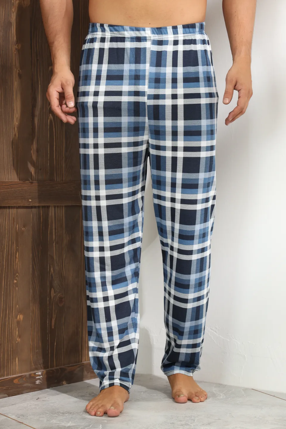 Pantaloni pijama bărbați albastru închis cu carouri albe și negre – croială lejeră-big size - 3