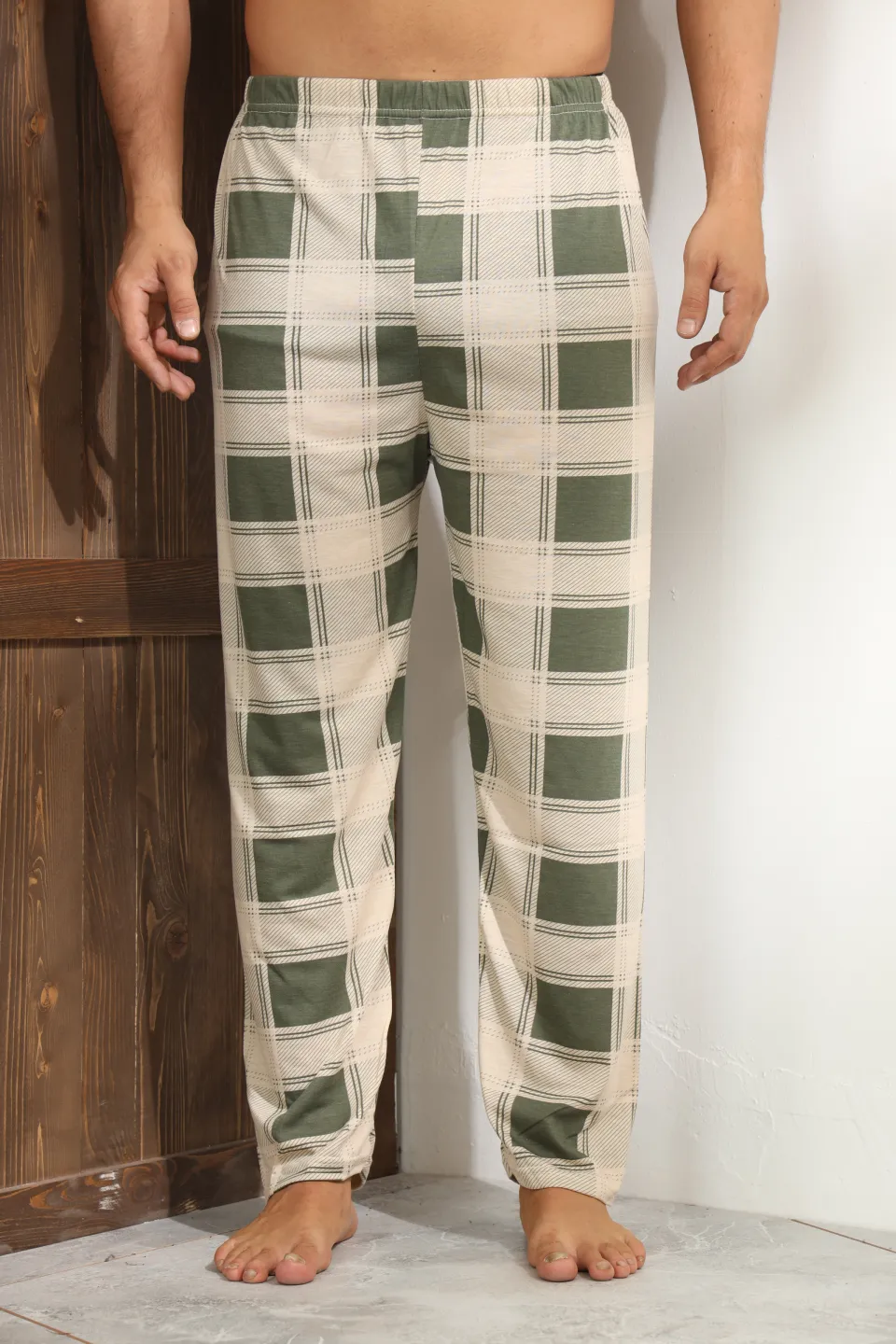 Pantaloni pijama bărbați bej cu pătrățele verzi – croială lejeră-big size - 3