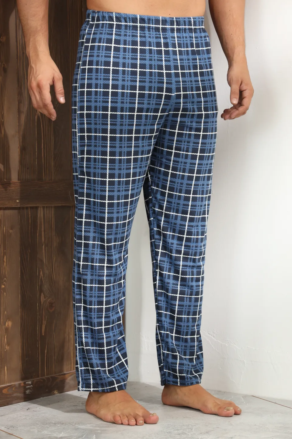 Pantaloni pijama bărbați bleumarin cu carouri albe și pătrățele negre – croială lejeră - 2
