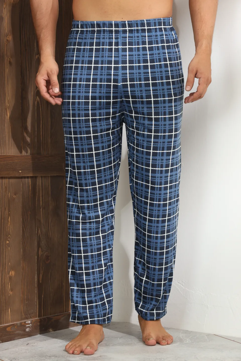 Pantaloni pijama bărbați bleumarin cu carouri albe și pătrățele negre – croială lejeră - 3