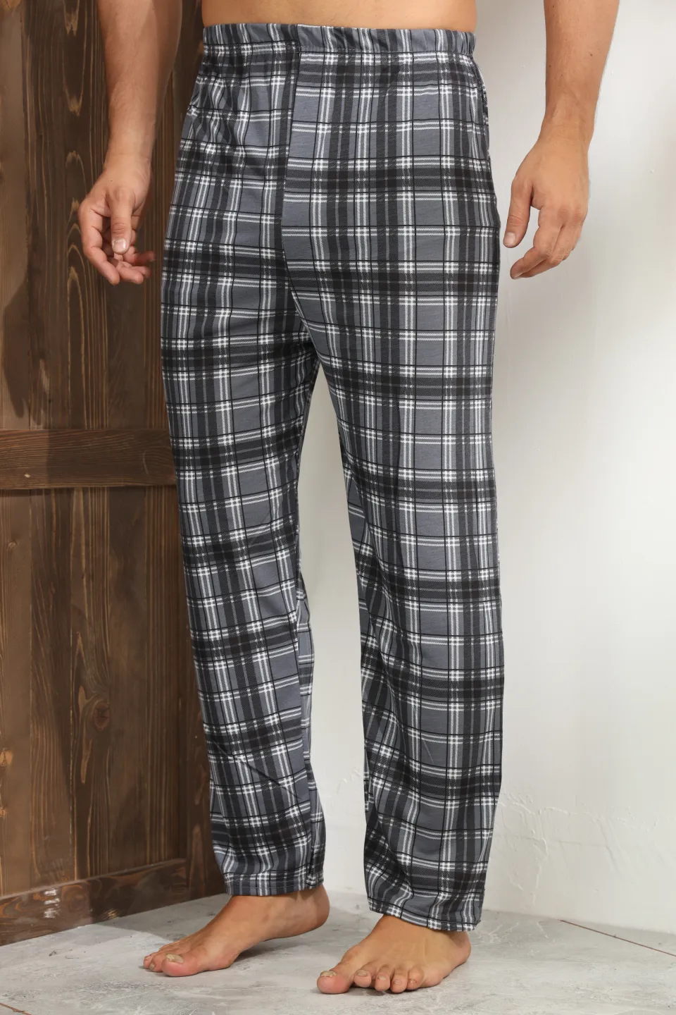 Pantaloni pijama bărbați gri cu linii albe în carouri, croială lejeră-big size - 2